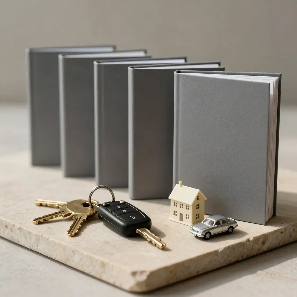 Dossier chiusi, chiavi casa e auto e miniature di casa e auto su pietra, scena editoriale.