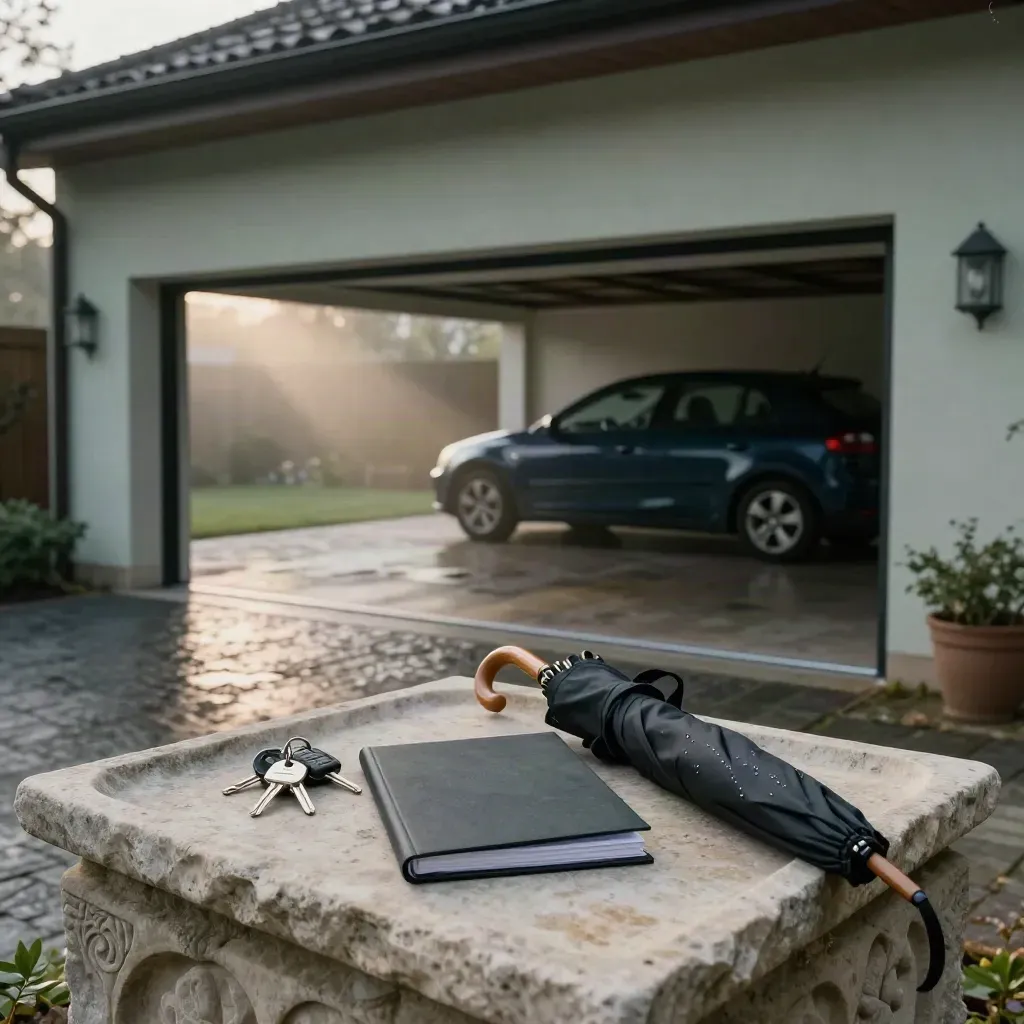 Ingresso residenziale all’alba con garage aperto, auto pronta e chiavi su vassoio in pietra.