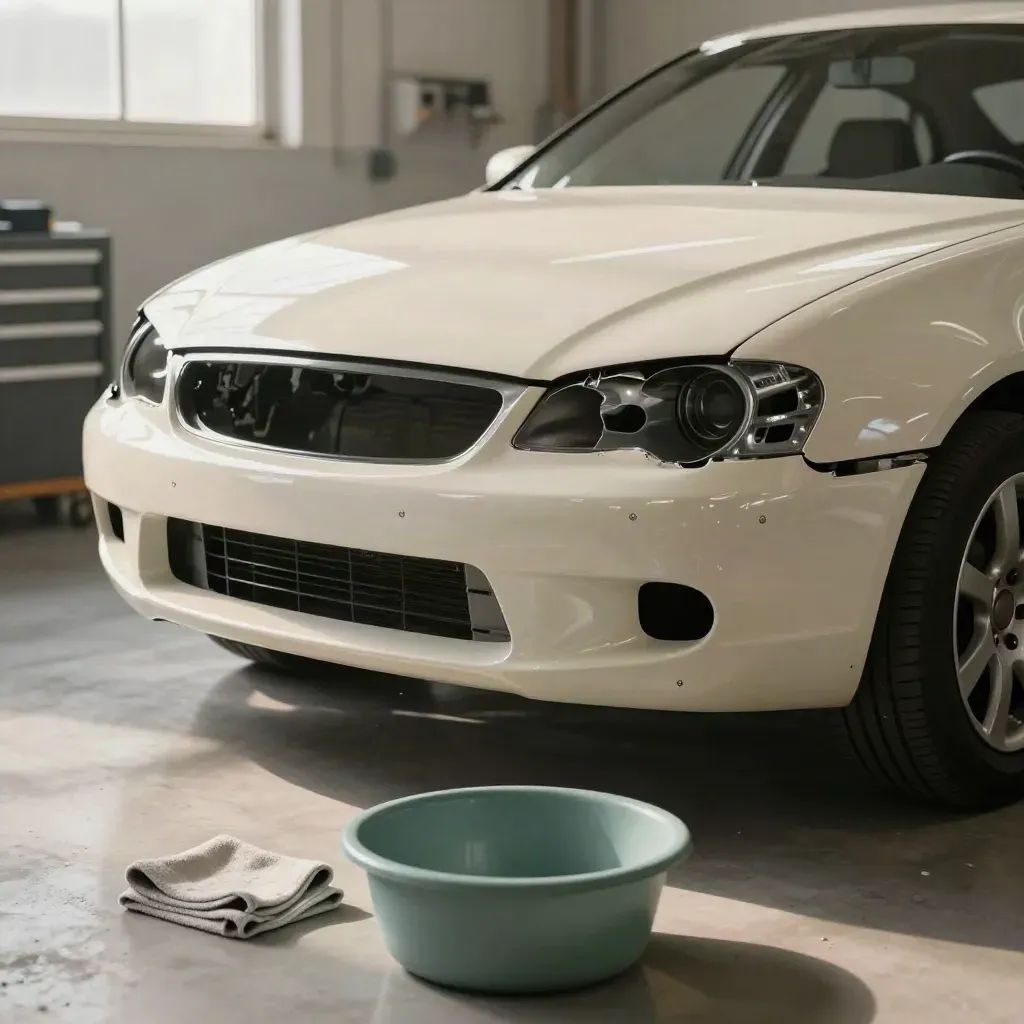 Officina auto con paraurti riallineato, pannello riparato, panni in microfibra e bacinella tecnica.