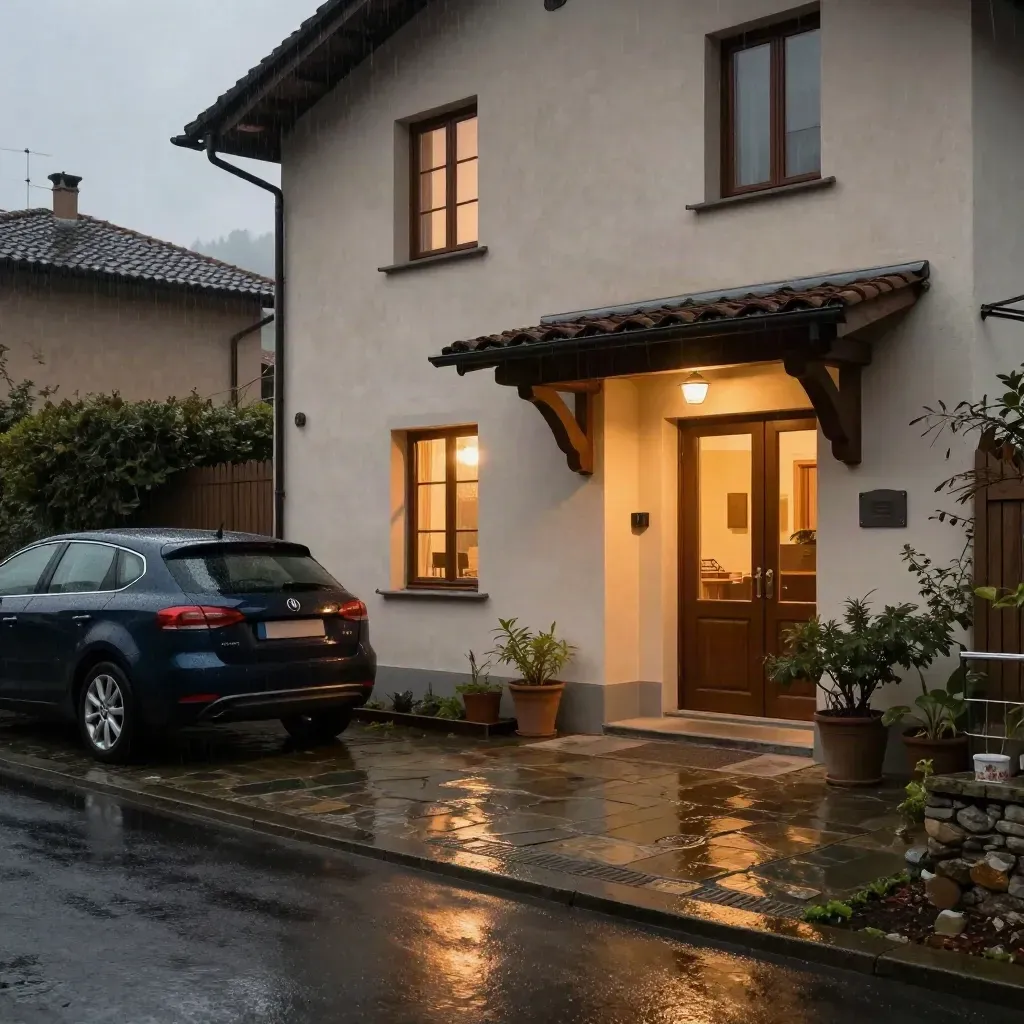 Casa con auto parcheggiato, ingresso illuminato e vialetto asciutto dopo la pioggia.