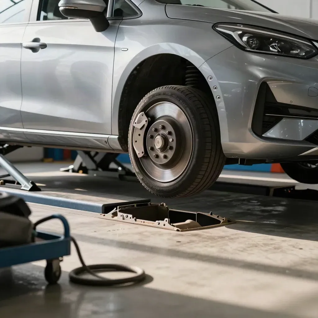 Auto su ponte basso in officina pulita, dettagli metallici e area protetta