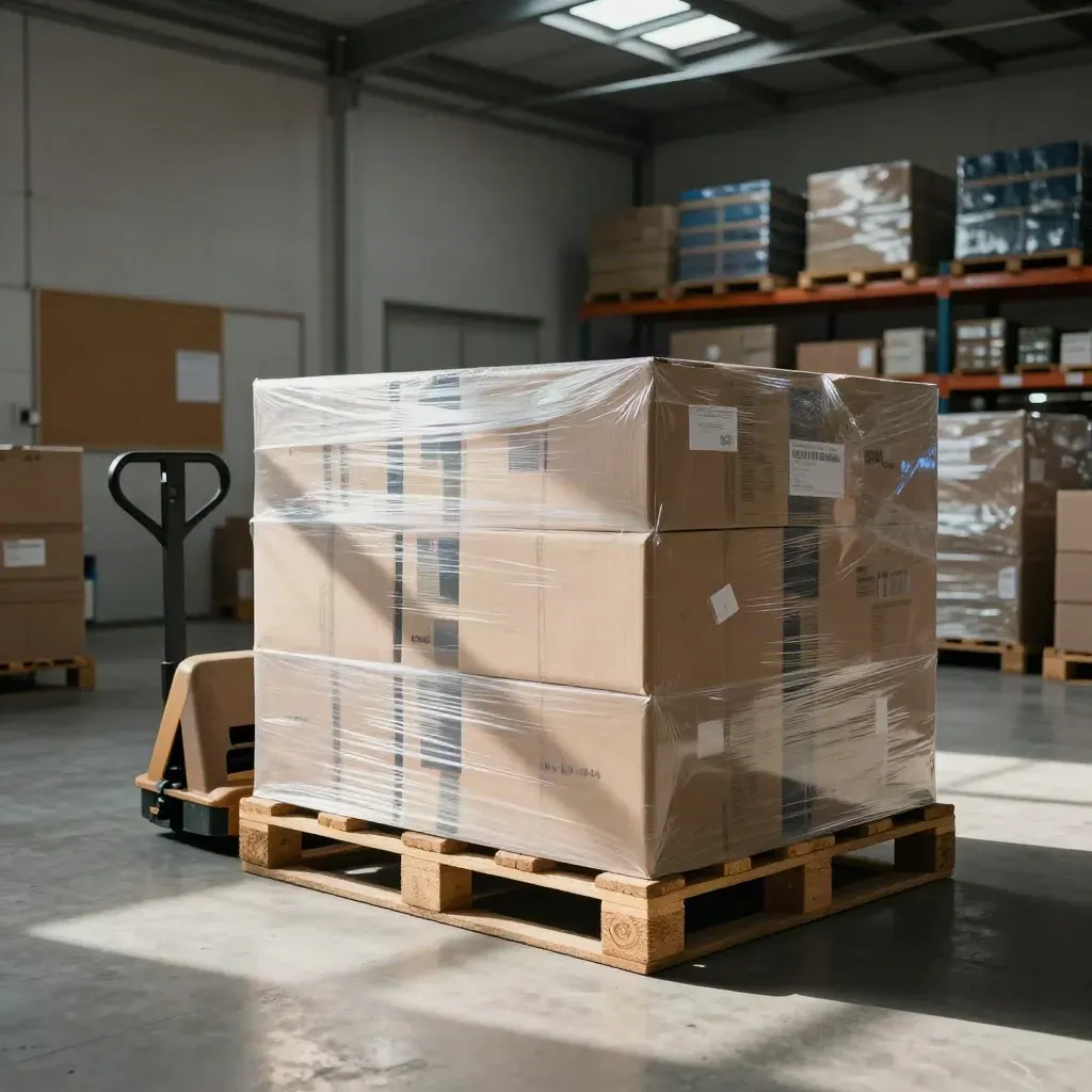Magazzino PMI ordinato con scatole sigillate, pallet integri e bacheca chiusa.