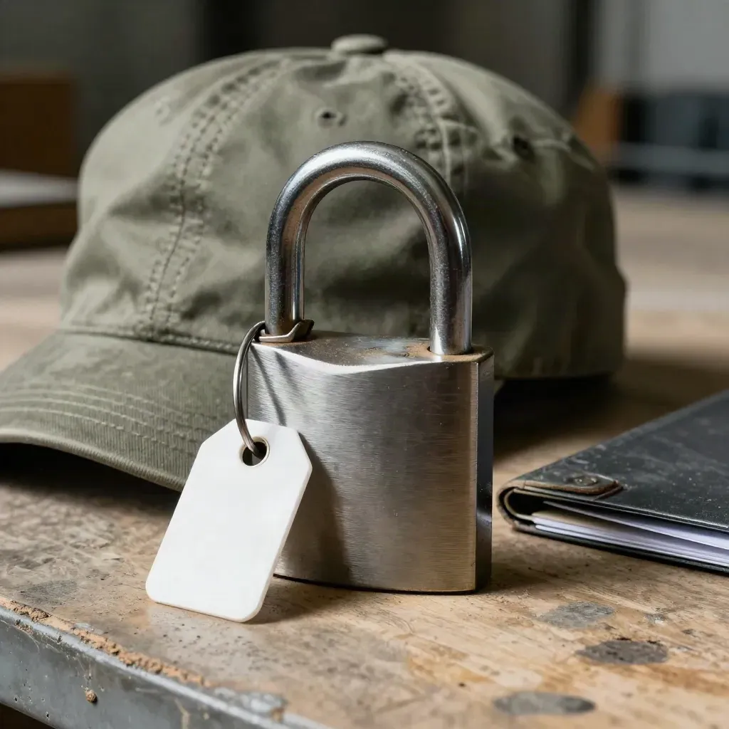 Lucchetto industriale, targhetta vuota, cappello da lavoro e cartella su banco di magazzino.