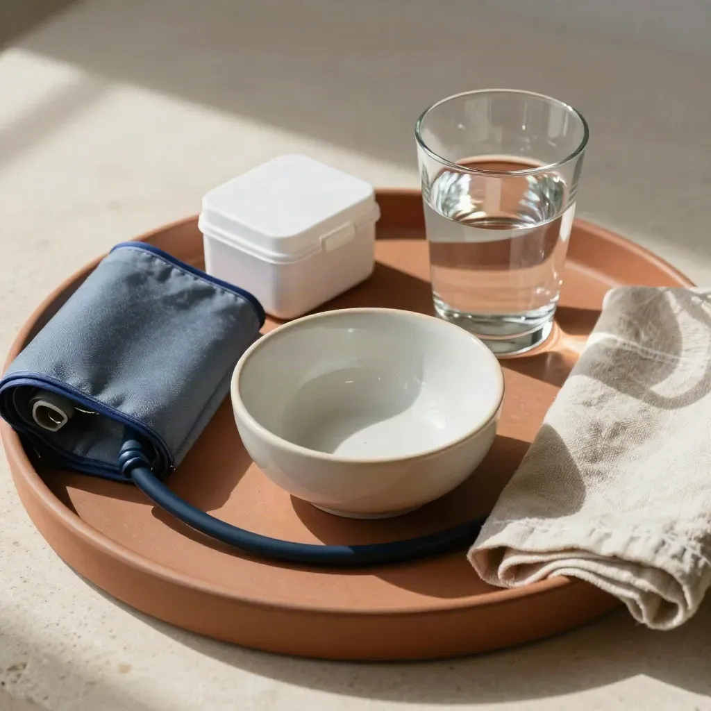 Vassoio benessere con sfigmomanometro, pillbox e bicchiere d’acqua su pietra calda.