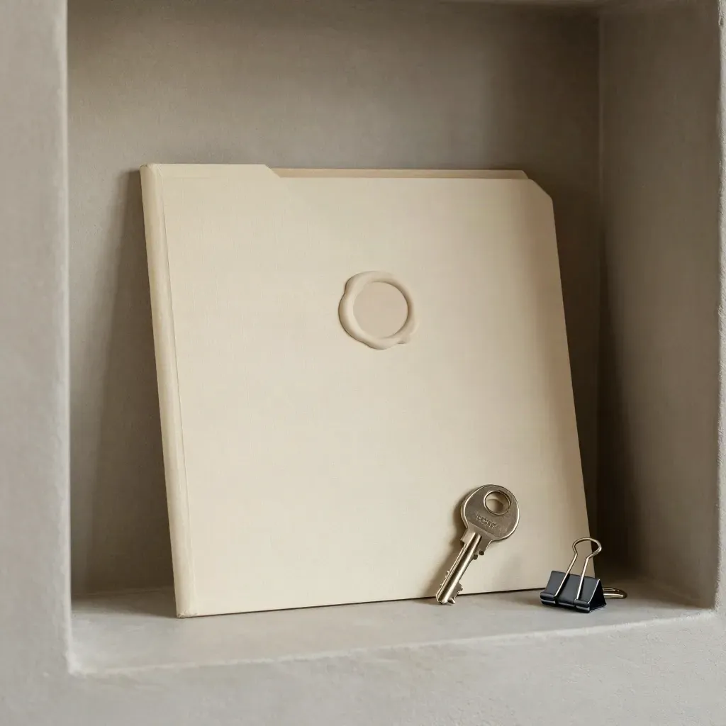 Cartella selezionata, sigillo in cera, chiave di casa e clips metallici su nicchia in gesso.