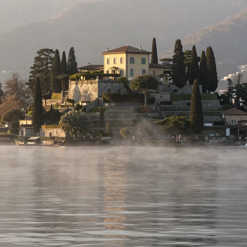 Villa sul Lago di Como tra cipressi e nebbia, acqua calma e luce del mattino.
