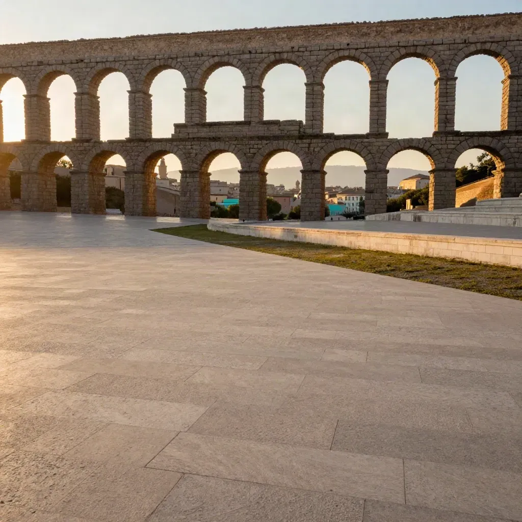 Acquedotto romano al tramonto su paesaggio chiaro con città lontana e foschia dorata