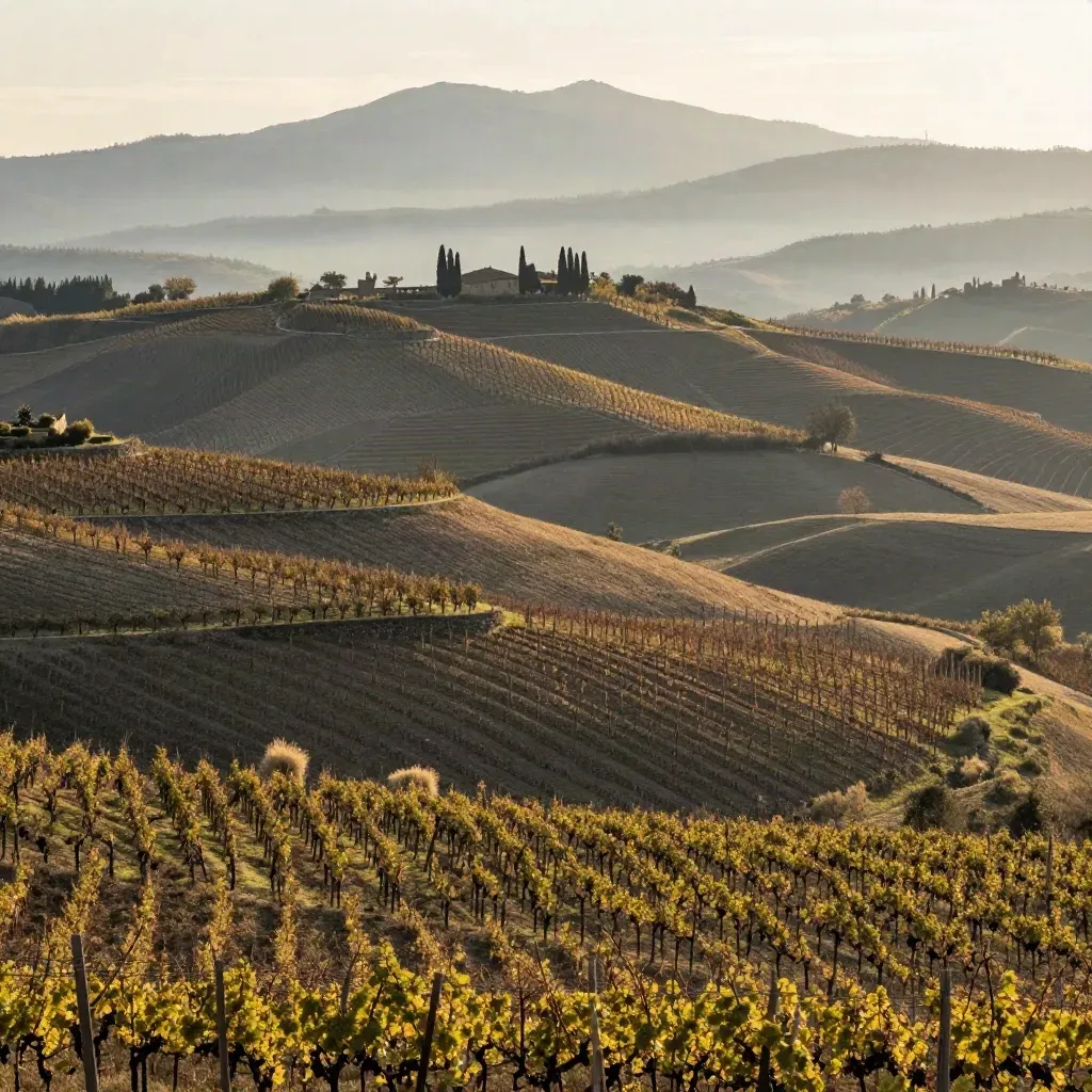 Terrazze di vigneti nelle Langhe al tramonto, con Alpi sfumate e valle velata di foschia.