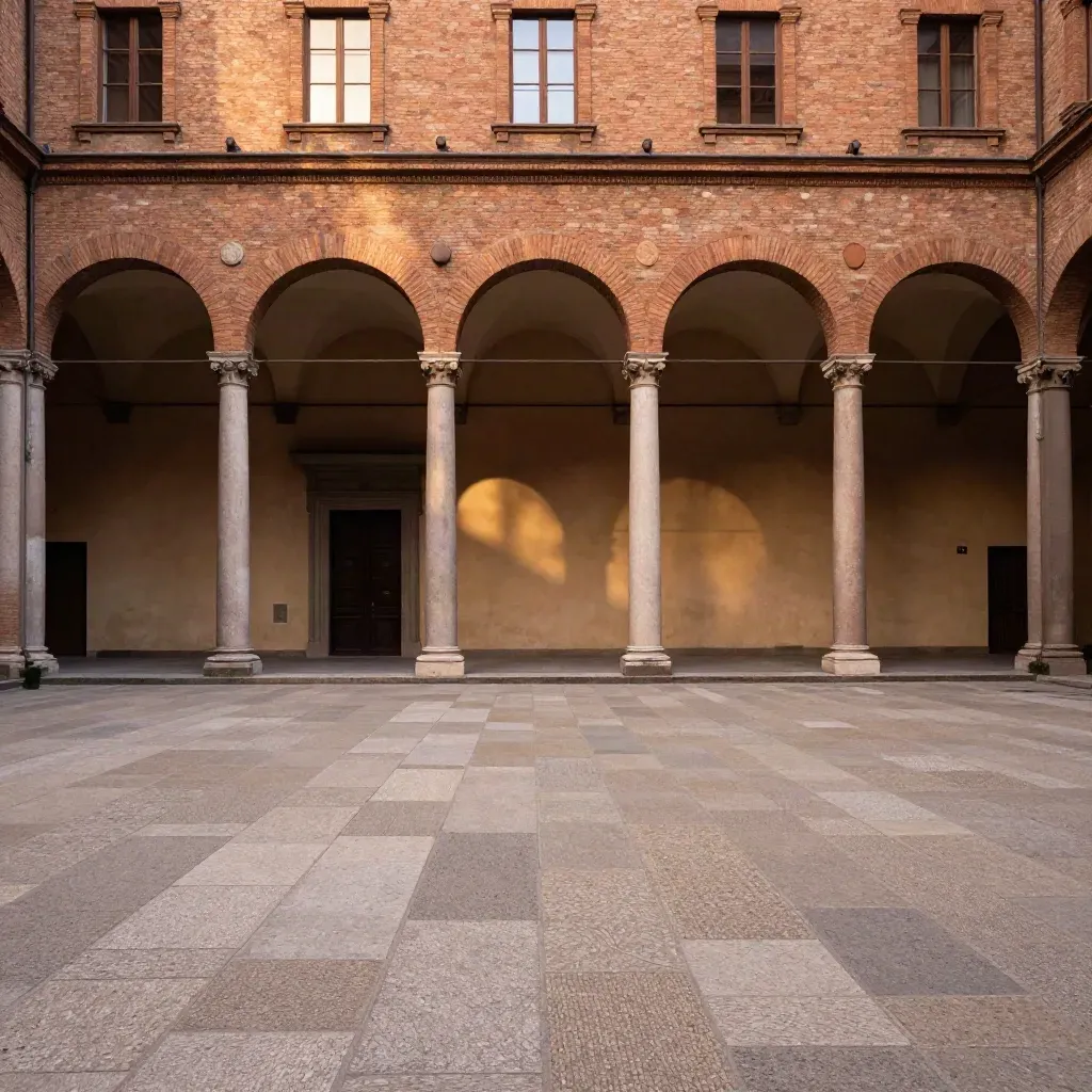I portici di Bologna al tramonto, piazza quasi vuota e pietra chiara in primo piano.