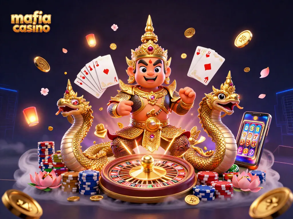 Experience thrilling gameplay at mafia casino with vibrant characters amidst cascading coins and roulette wheels.